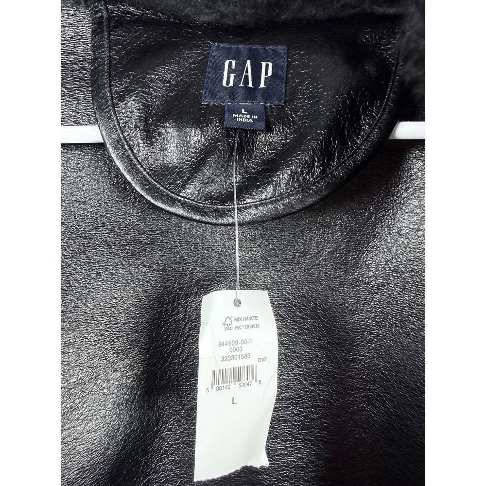 GAP Recycled Sherpa Vegan Leather Trim Jacket Womens L Black Cozy Coat - Picture 15 of 15